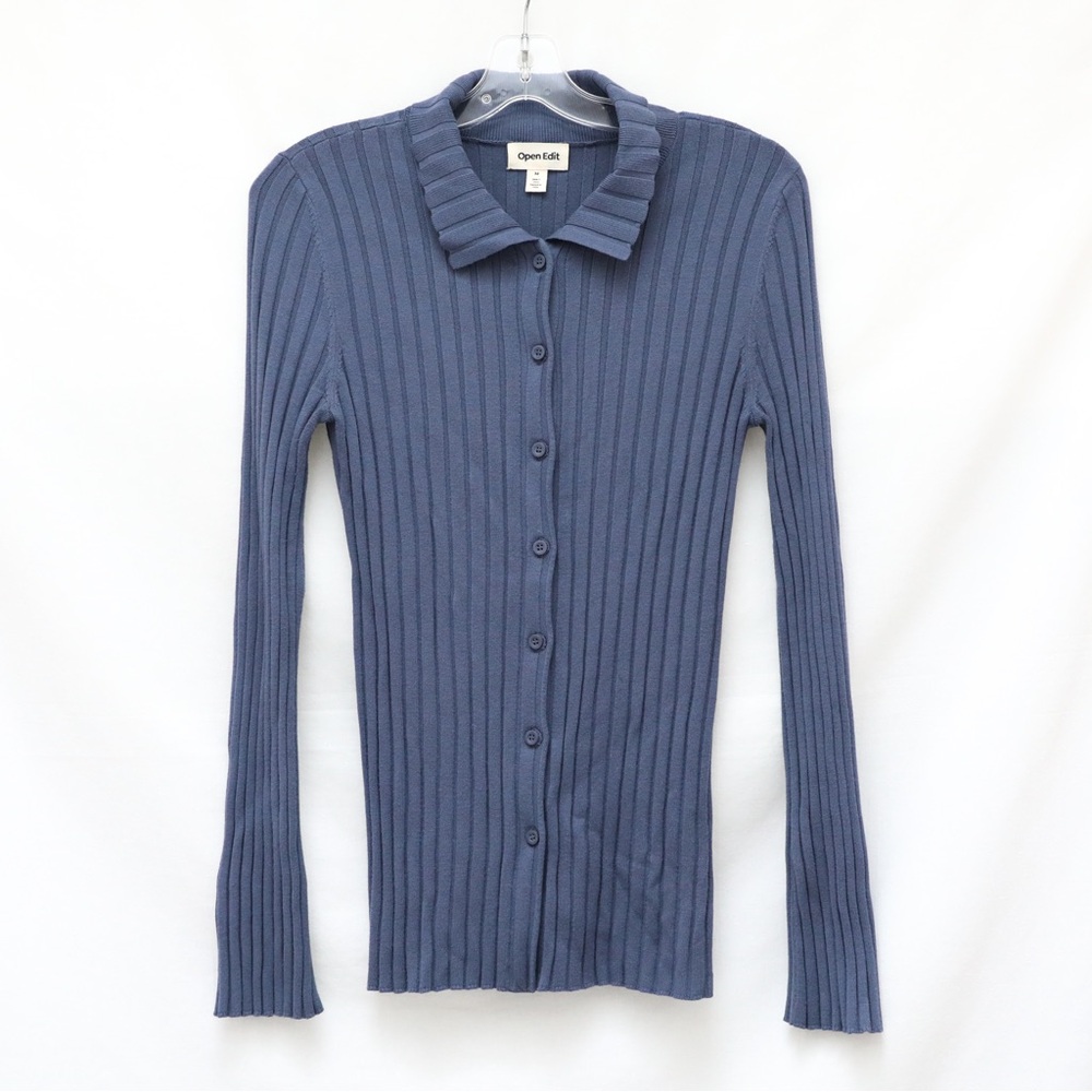 NWOT Open Edit Blue Shadow Ribbed Button-Up Long Sleeve Sweater Top Womens M